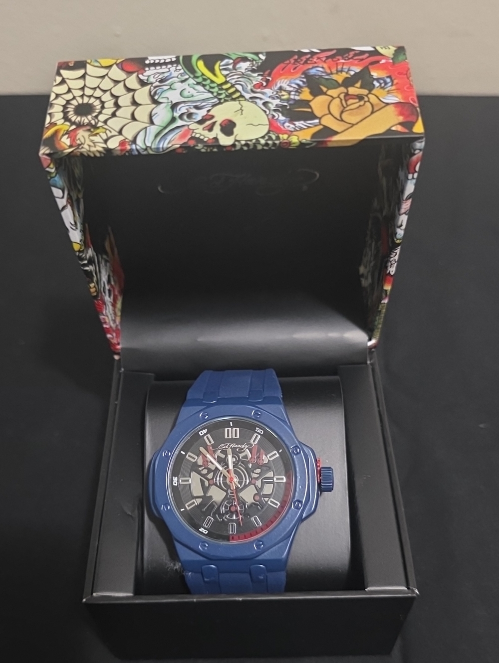 Ed Hardy Blue Men's Skeleton Sport Watch with Red Accents